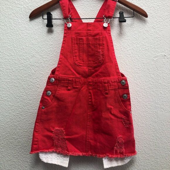 Girls GUESS Los Angeles Distressed Raw Hem Overalls Bling Pink Red Size 7 EUC - Picture 1 of 3
